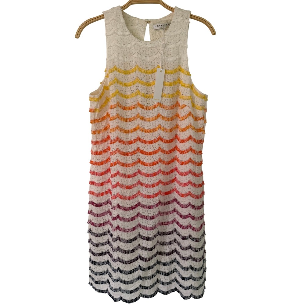 Trina Turk Ombre Fringe Lace Shift Dress Multicolor Sleeveless Keyhole Back